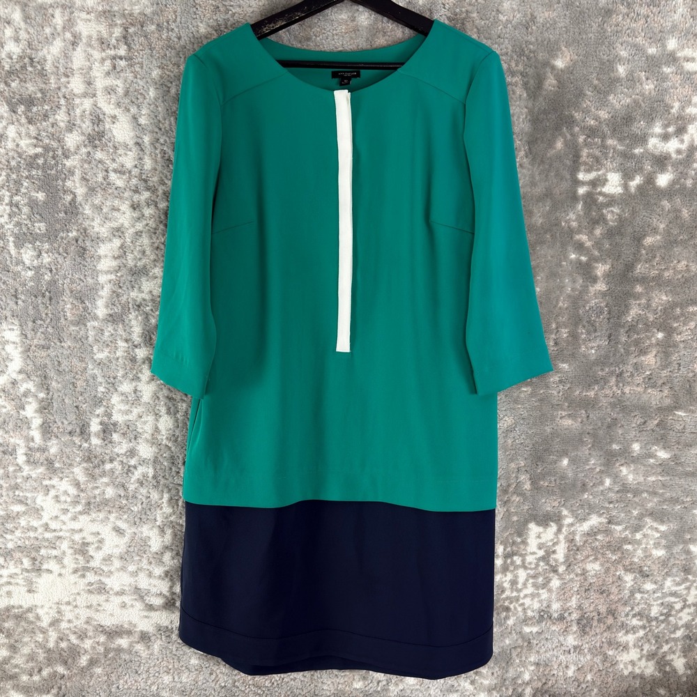 Ann Taylor Size 12 Colorblock Shift Workwear Dress Green 3/4 Sleeve Women